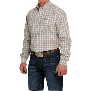 Cinch Men's White/Teal/Brown Plaid Classic Fit Long Sleeve Button Down Shirt MTW1105467