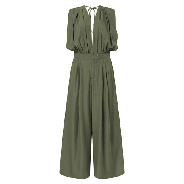 Deep V Neck Lace Up Sleeveless Jumpsuits