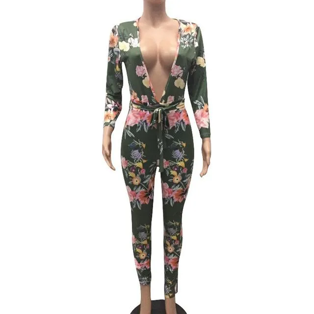 Feitong New Fashion Women Sexy Bodycon Long Sleeve Africa Print V-Neck Long Rompers Women Jumpsuits Summer women's bodysuits