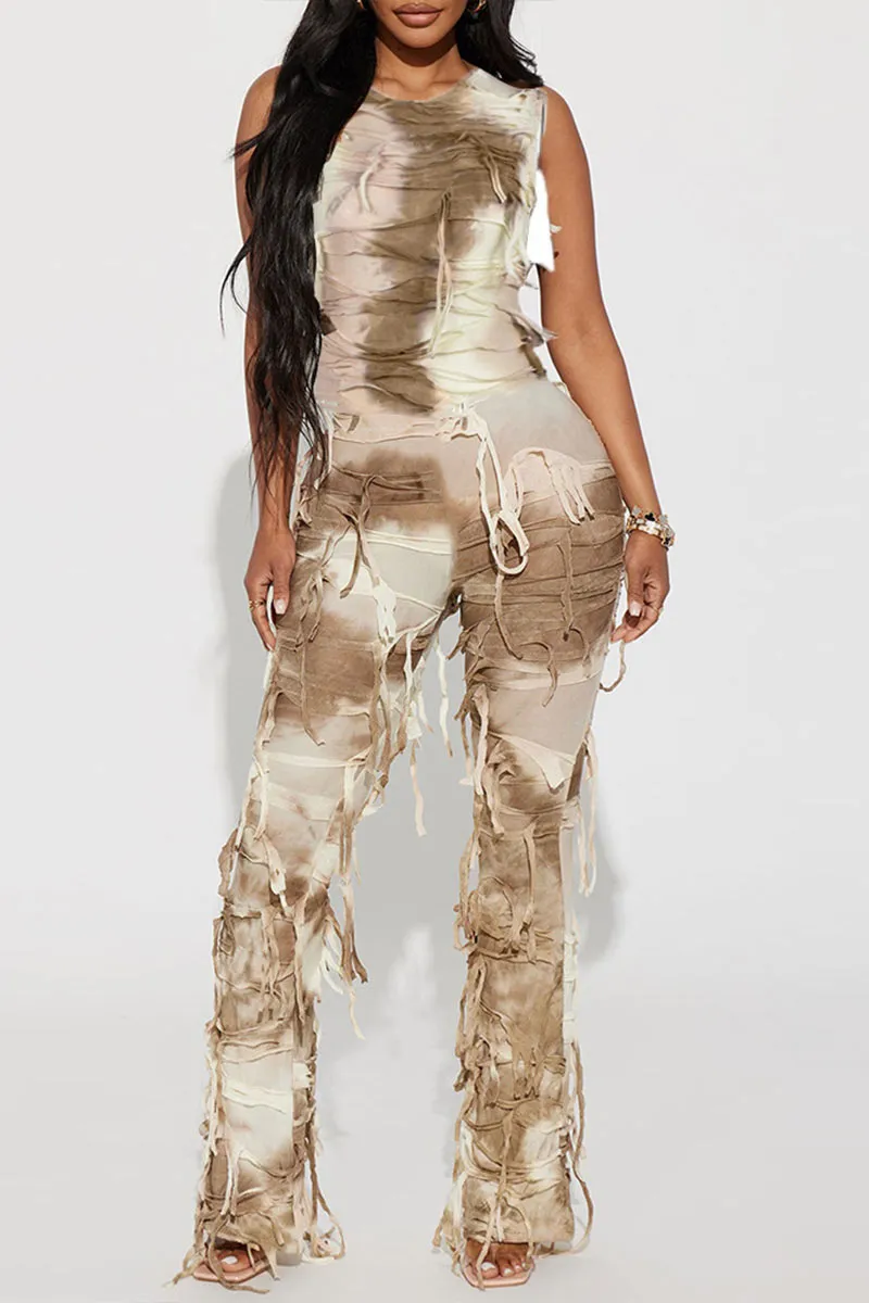 JF0432 Tie Dye Ragged Jumpsuits