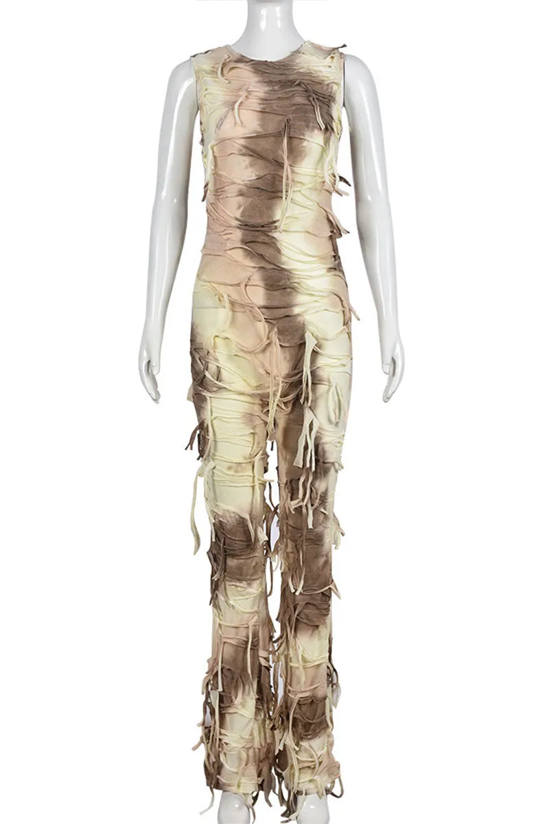 JF0432 Tie Dye Ragged Jumpsuits