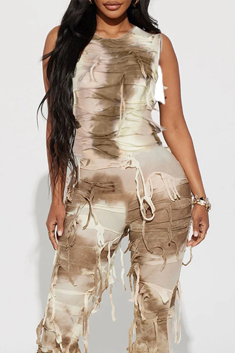 JF0432 Tie Dye Ragged Jumpsuits