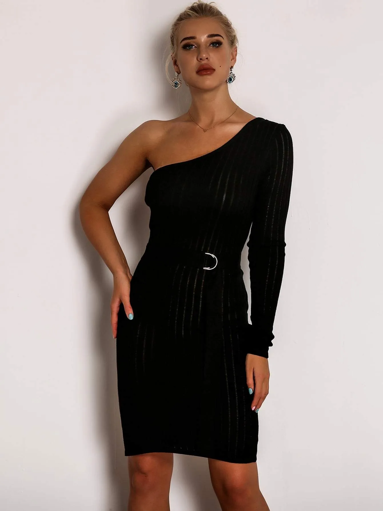 Joyfunear One Shoulder Rib-knit Belted Pencil Dress
