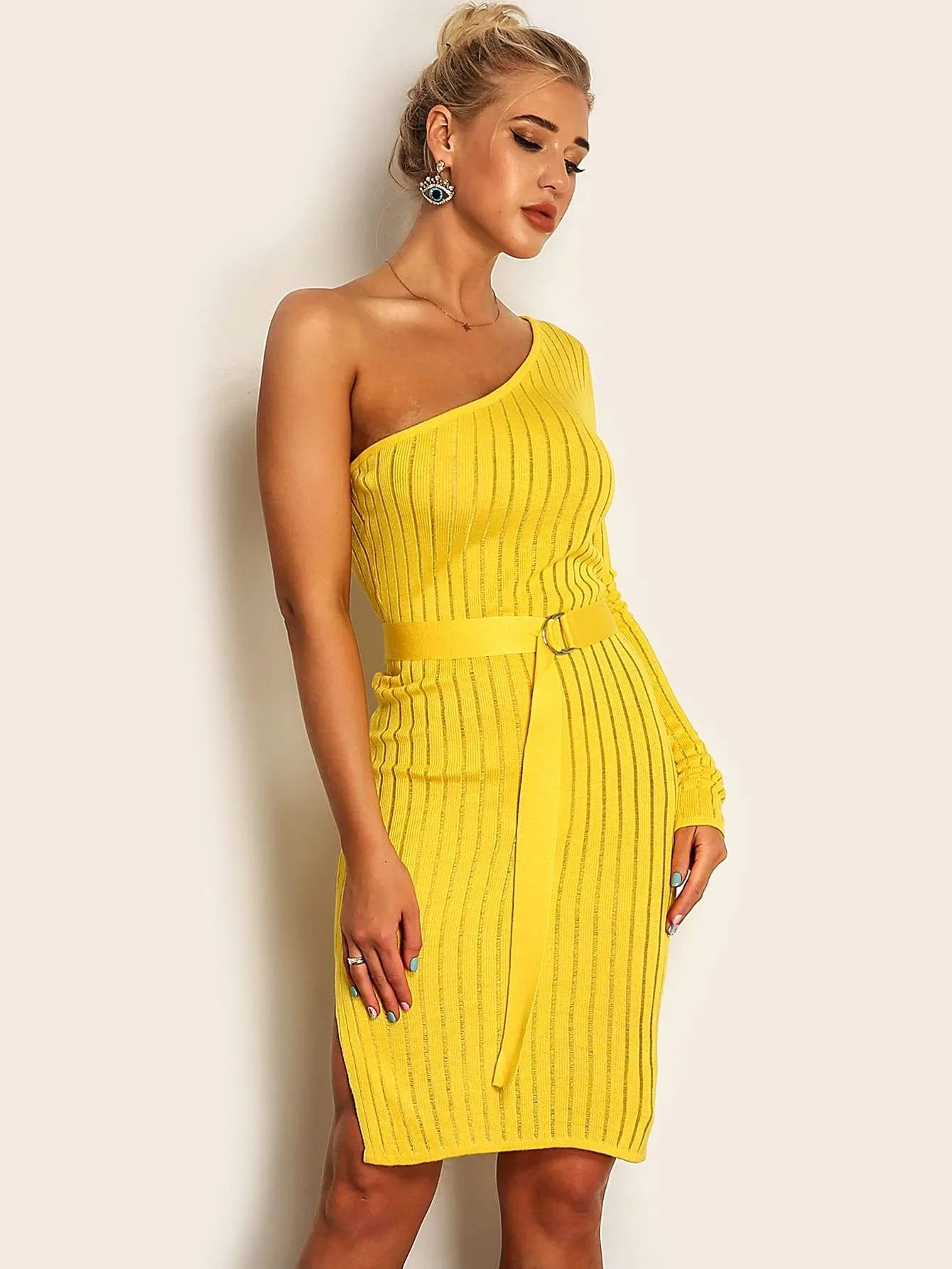 Joyfunear One Shoulder Rib-knit Belted Pencil Dress