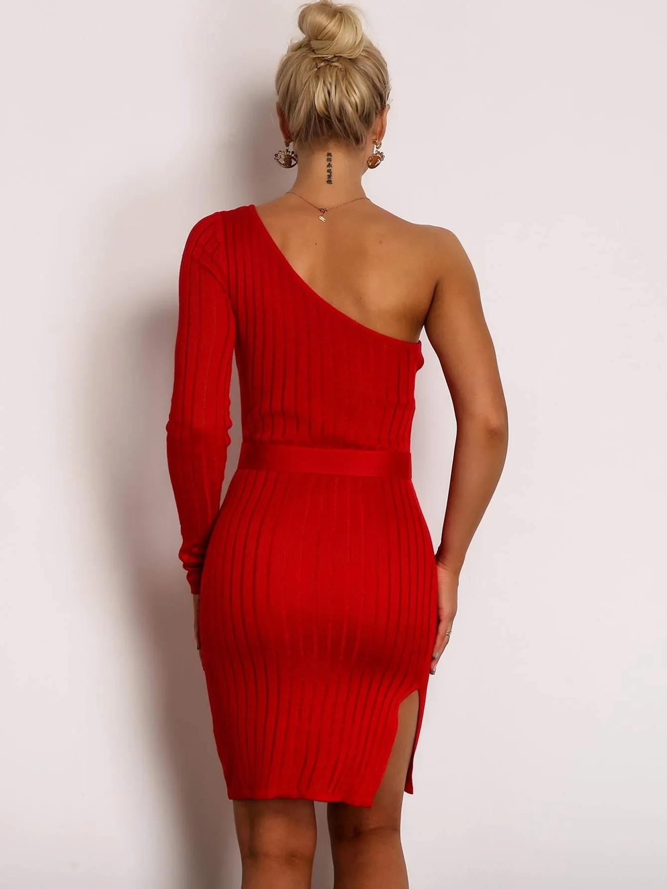 Joyfunear One Shoulder Rib-knit Belted Pencil Dress