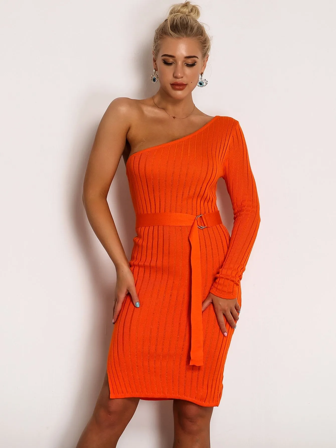 Joyfunear One Shoulder Rib-knit Belted Pencil Dress