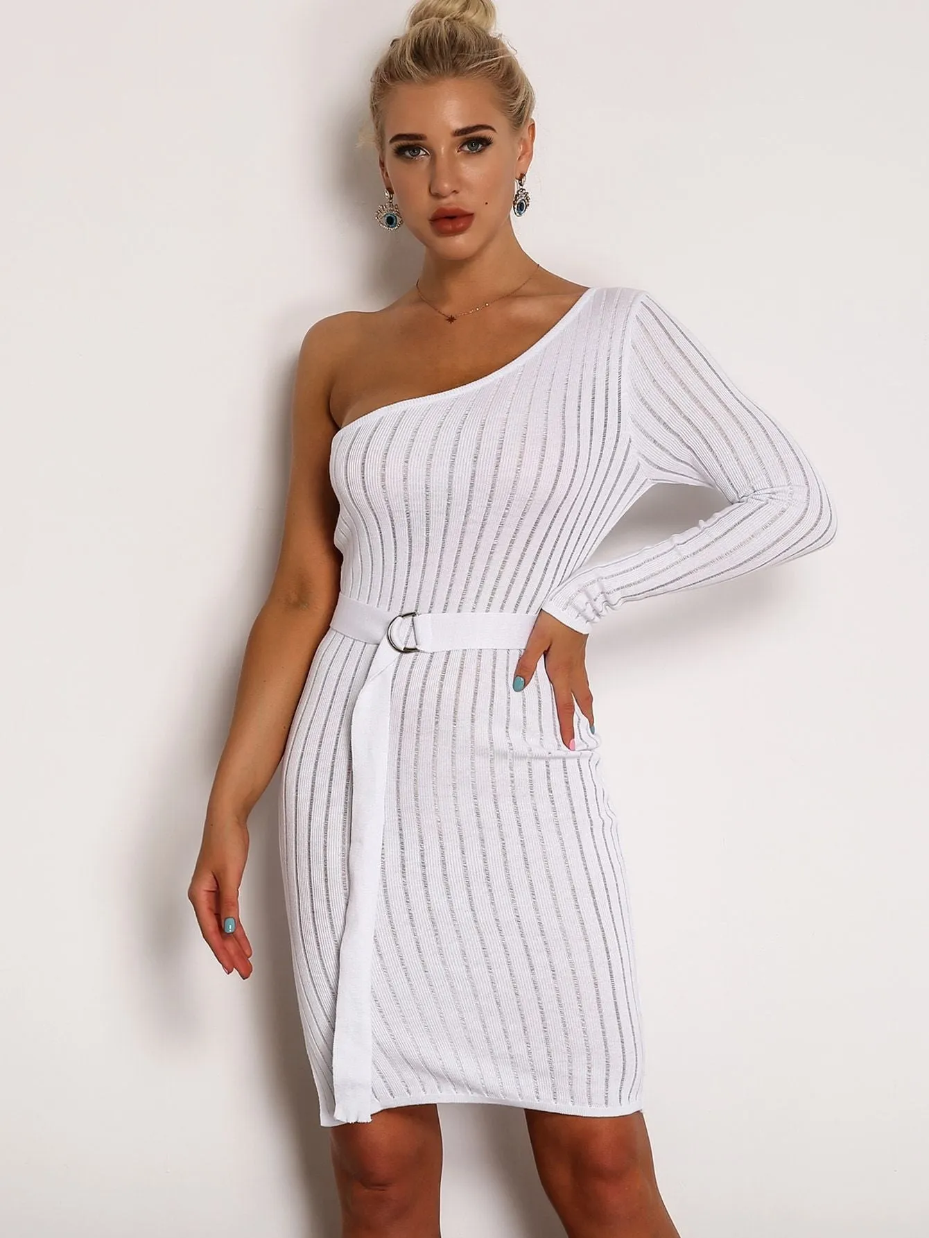 Joyfunear One Shoulder Rib-knit Belted Pencil Dress