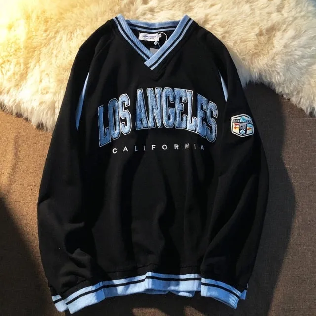 LOS ANGELES CALIFORHIA Embroidered Sweatshirts Oversized V Neck Pullovers