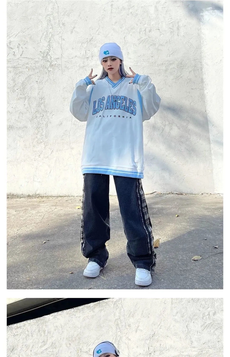 LOS ANGELES CALIFORHIA Embroidered Sweatshirts Oversized V Neck Pullovers