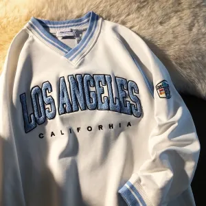 LOS ANGELES CALIFORHIA Embroidered Sweatshirts Oversized V Neck Pullovers