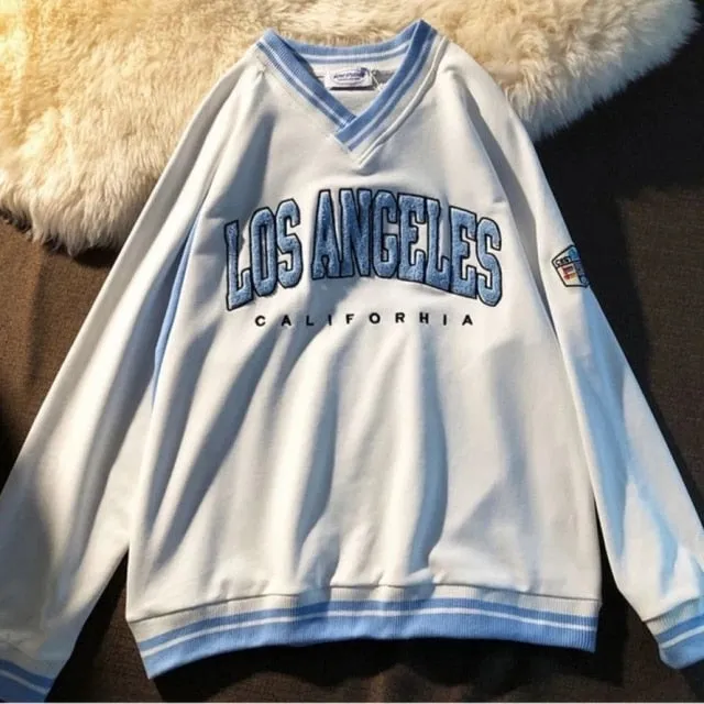 LOS ANGELES CALIFORHIA Embroidered Sweatshirts Oversized V Neck Pullovers