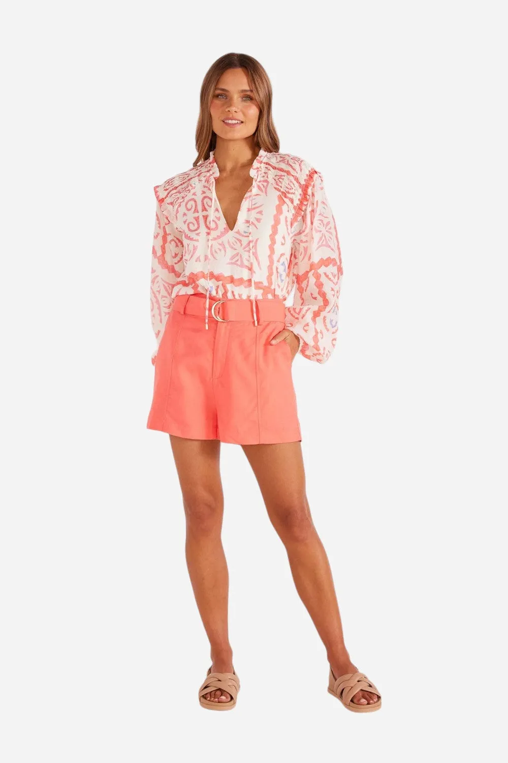 Minkpink Lila Belted Linen Shorts in Pink