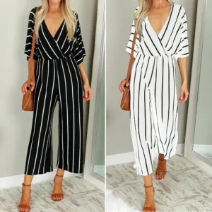 OL Ladies Half Sleeve Striped Loose Baggy Trousers Jumpsuit Overalls Wide Leg Trousers Romper Jumpsuit