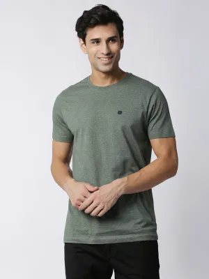 Olive Green Melange Round Neck Plain T-shirt