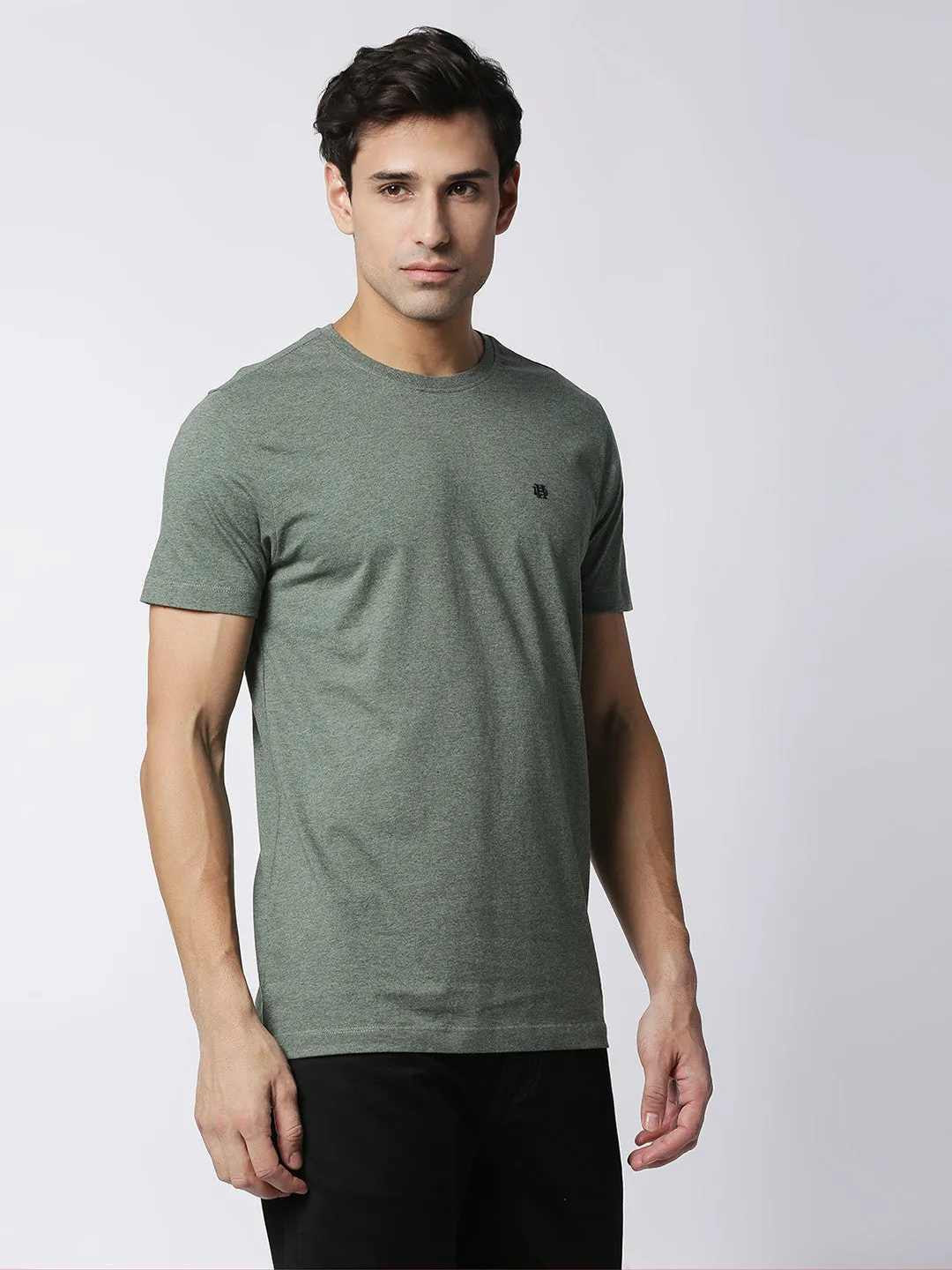 Olive Green Melange Round Neck Plain T-shirt