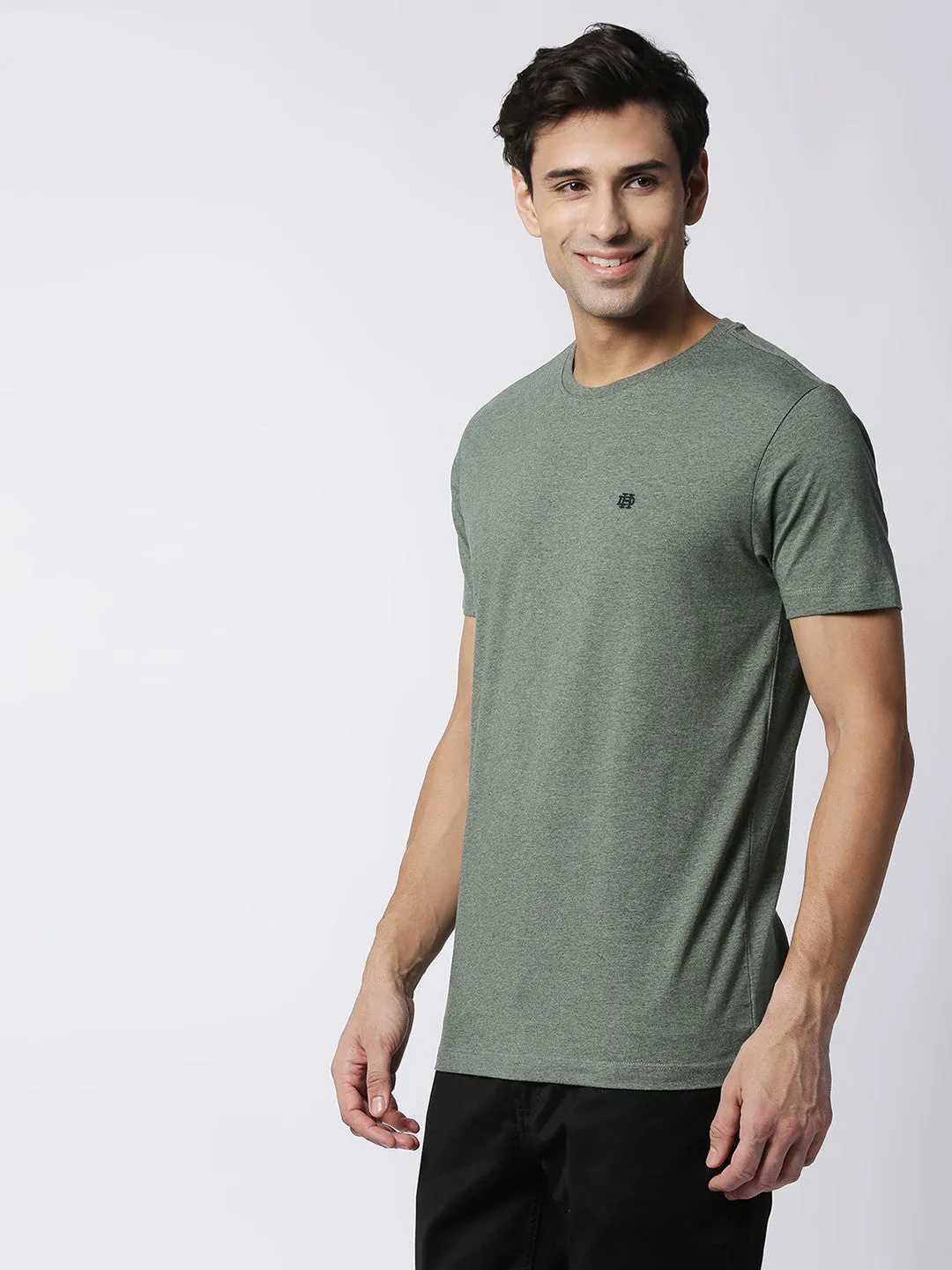 Olive Green Melange Round Neck Plain T-shirt