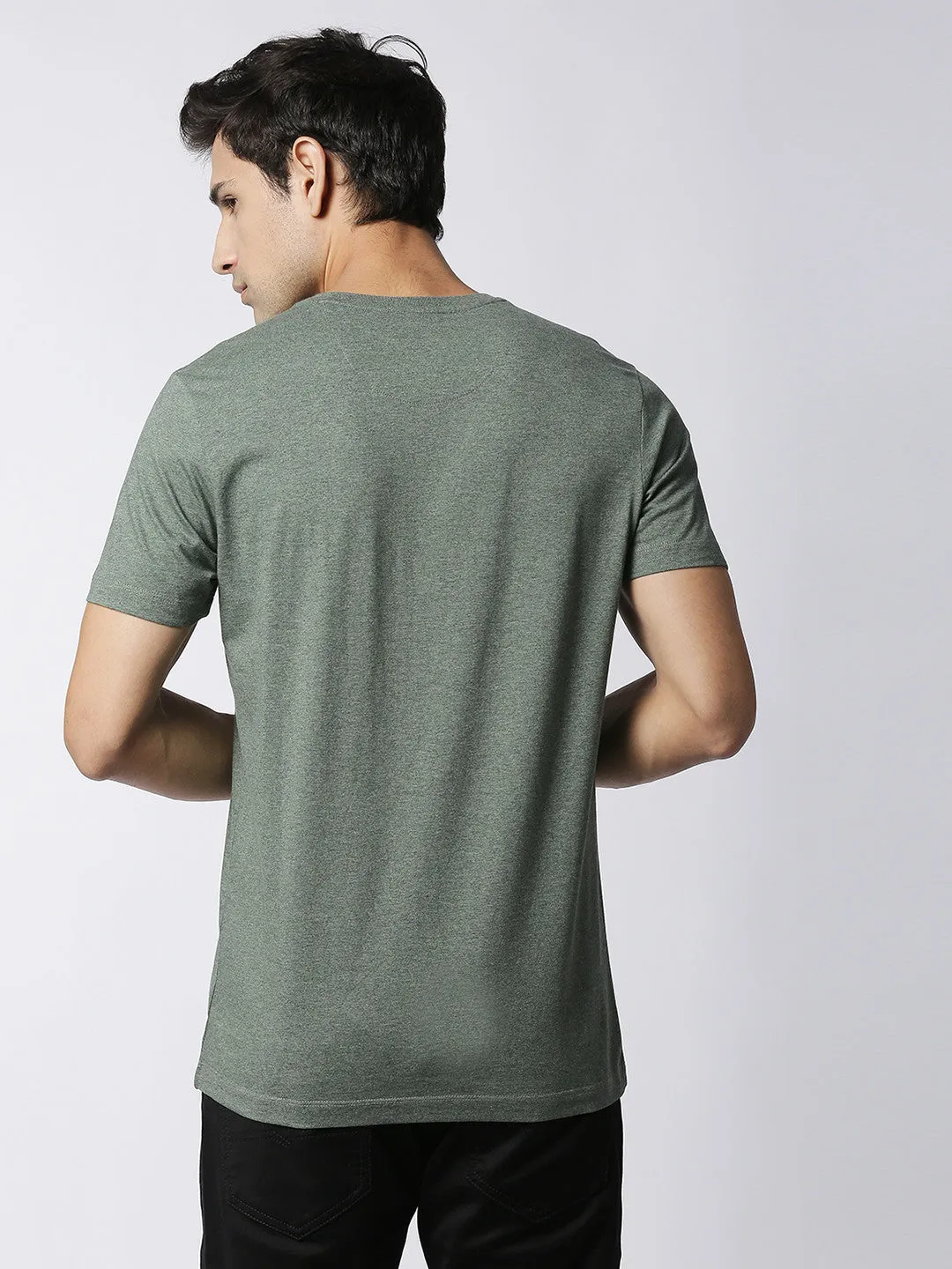 Olive Green Melange Round Neck Plain T-shirt