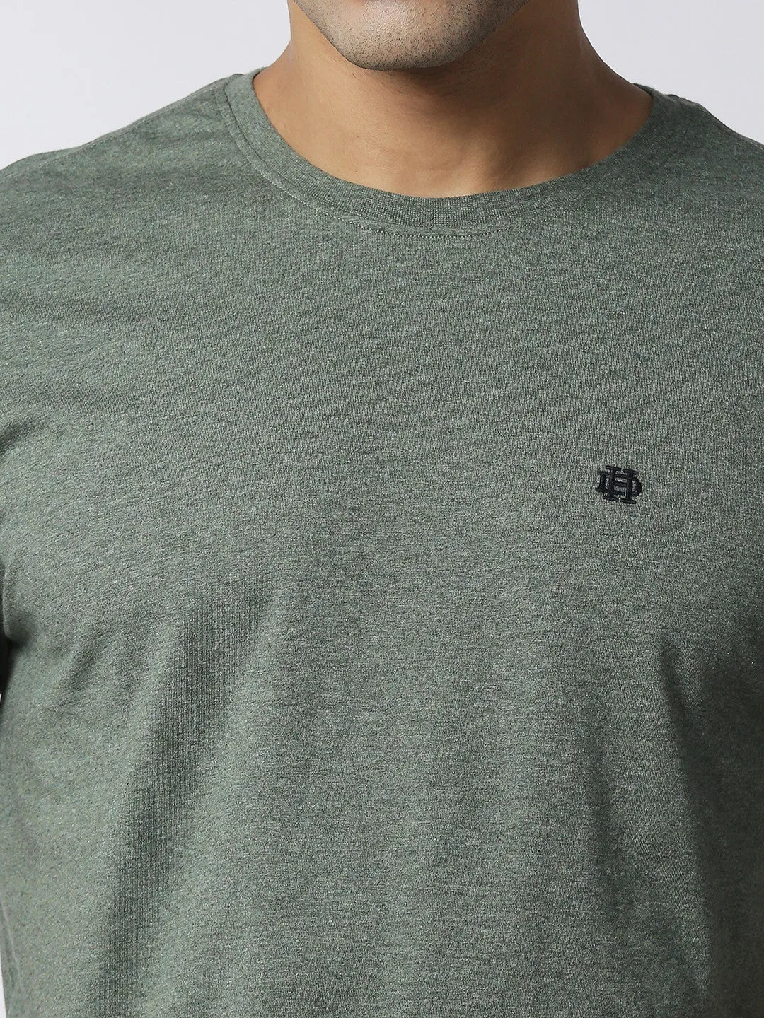 Olive Green Melange Round Neck Plain T-shirt