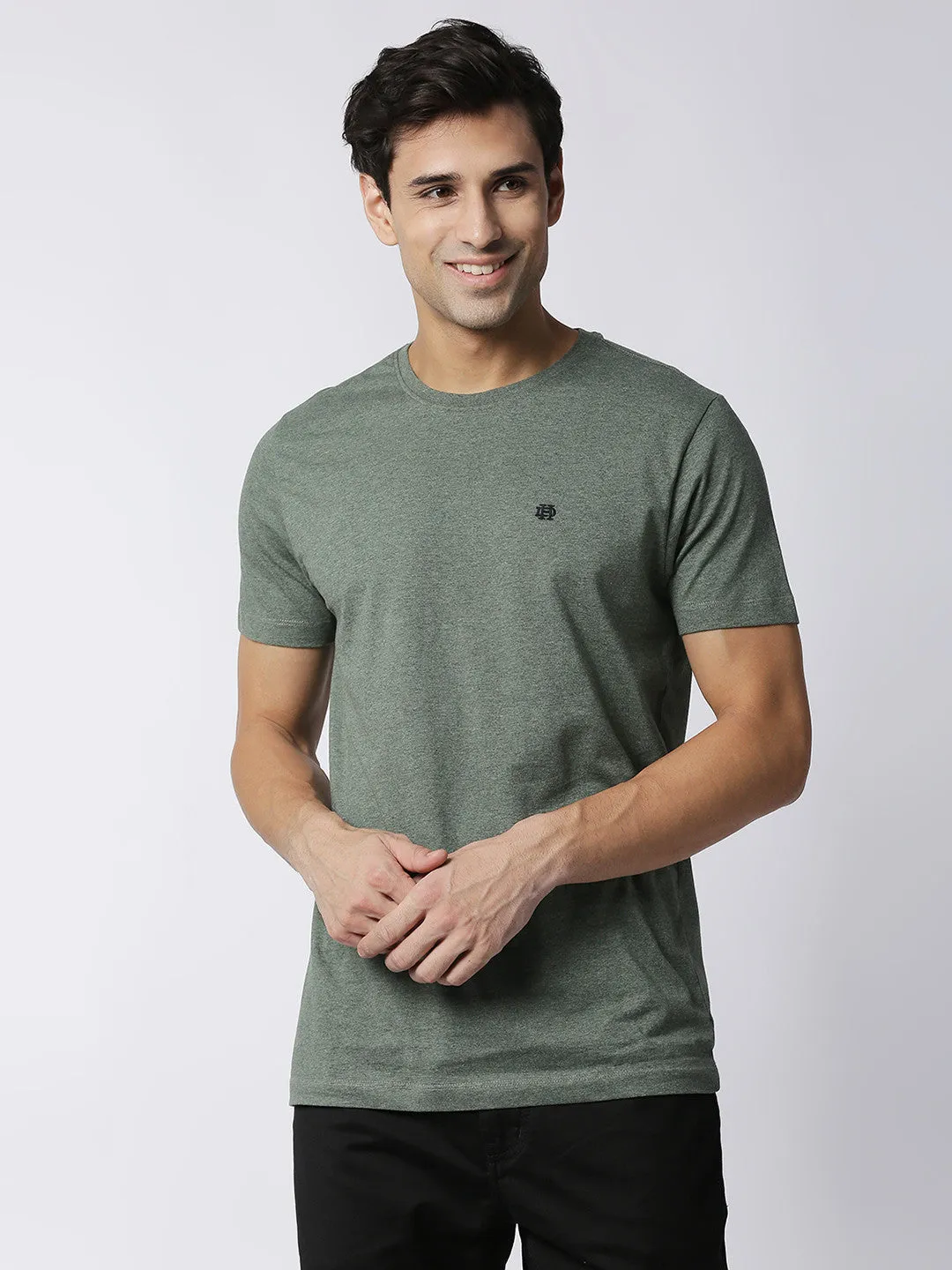 Olive Green Melange Round Neck Plain T-shirt