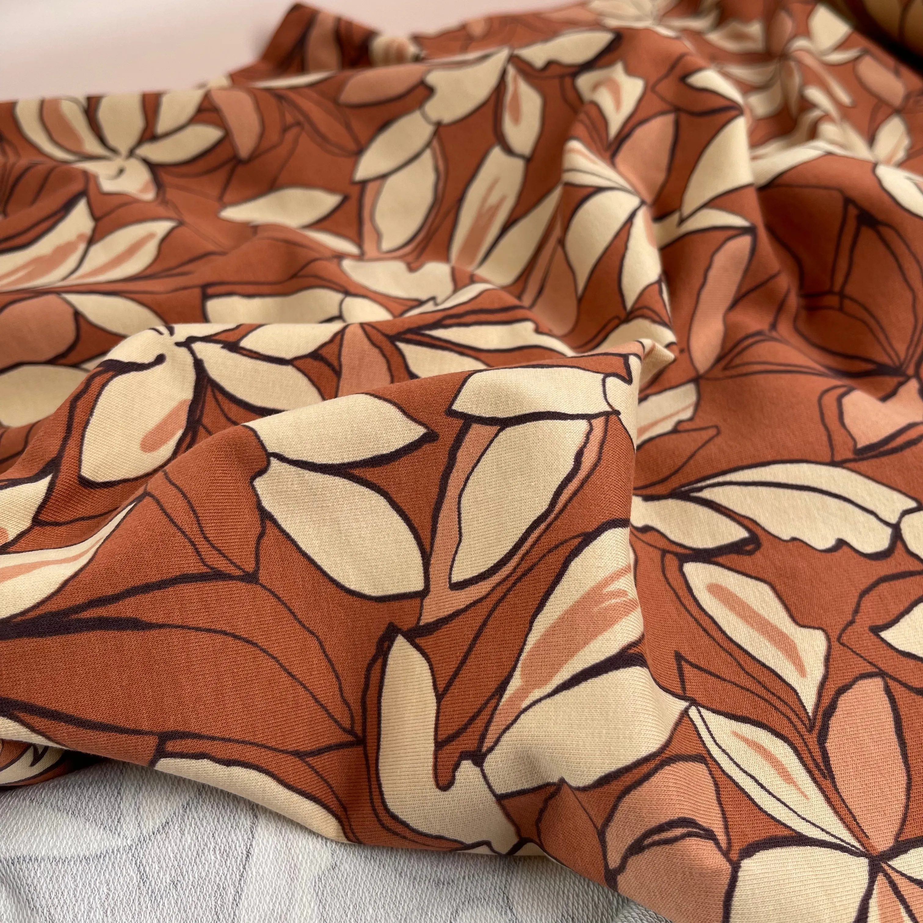 REMNANT 2.47 Metres - Bold Flowers Brique Cotton French Terry Fabric