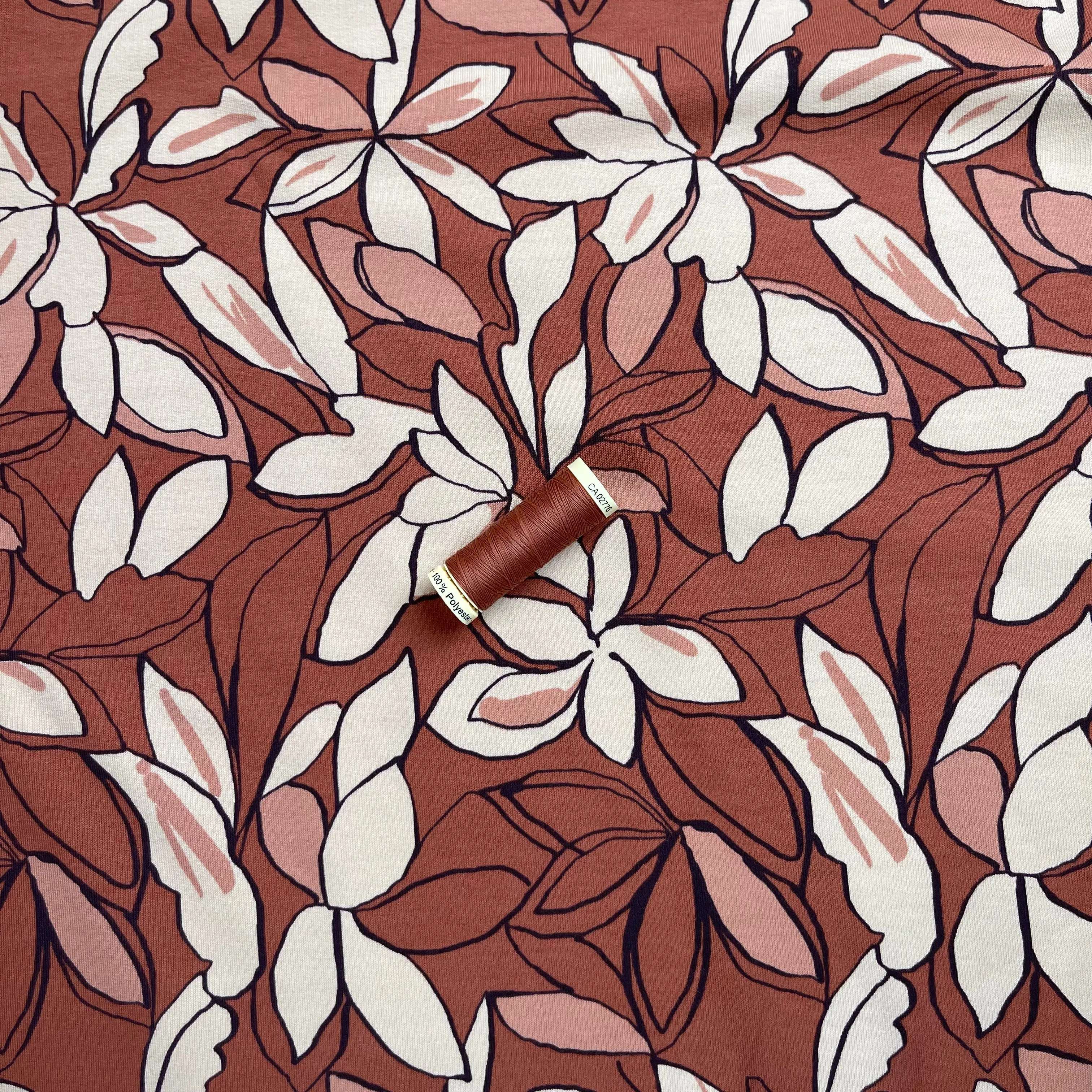 REMNANT 2.47 Metres - Bold Flowers Brique Cotton French Terry Fabric