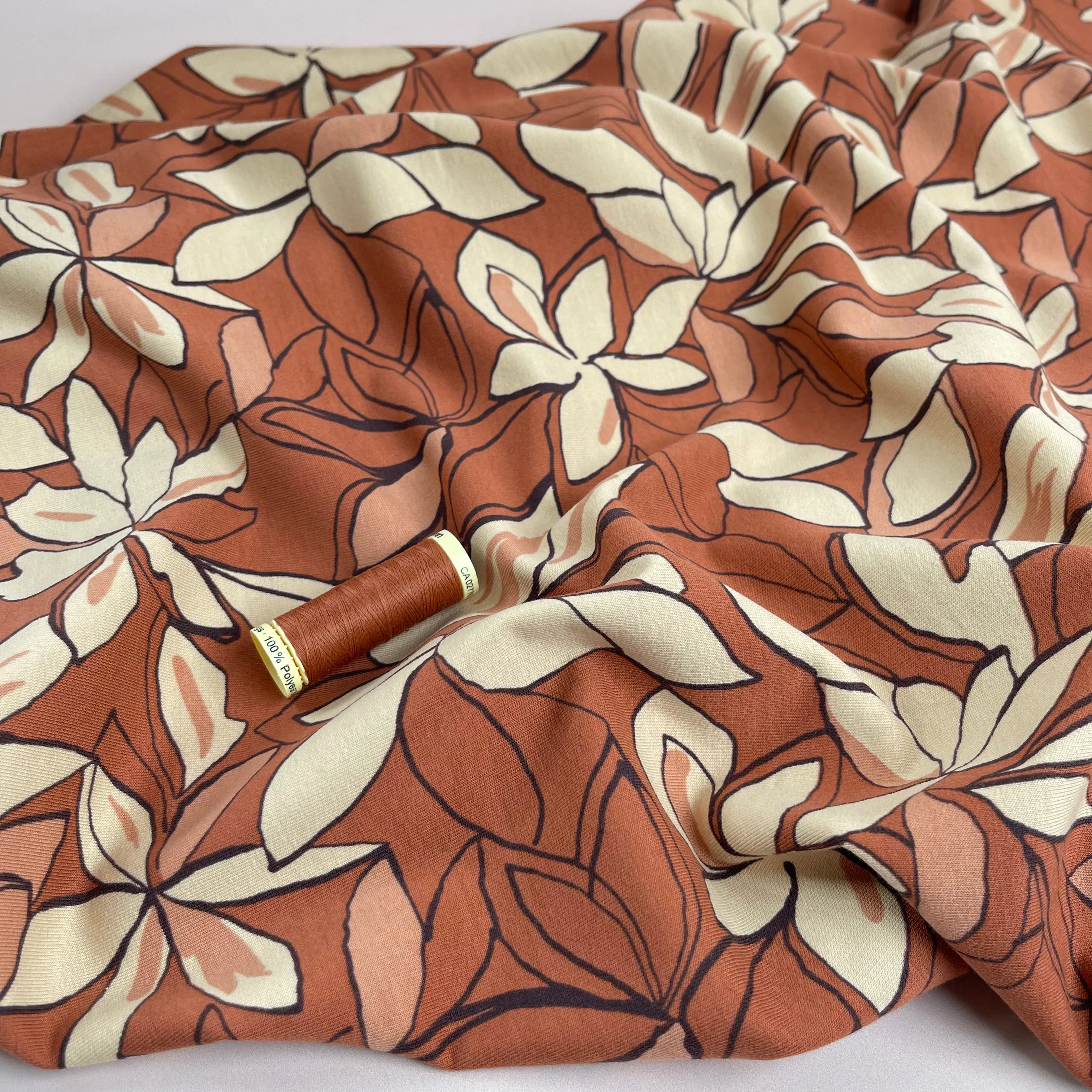 REMNANT 2.47 Metres - Bold Flowers Brique Cotton French Terry Fabric