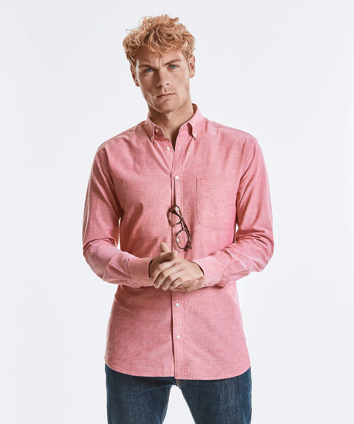 White/Oxford Blue - Long sleeve tailored washed Oxford shirt