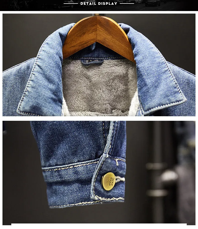 Winter Jean Jacket Men's Casual Streetwear Denim Warm Fleece Jacket