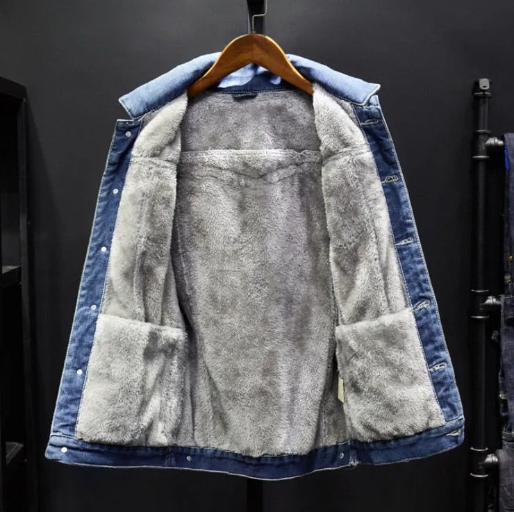 Winter Jean Jacket Men's Casual Streetwear Denim Warm Fleece Jacket